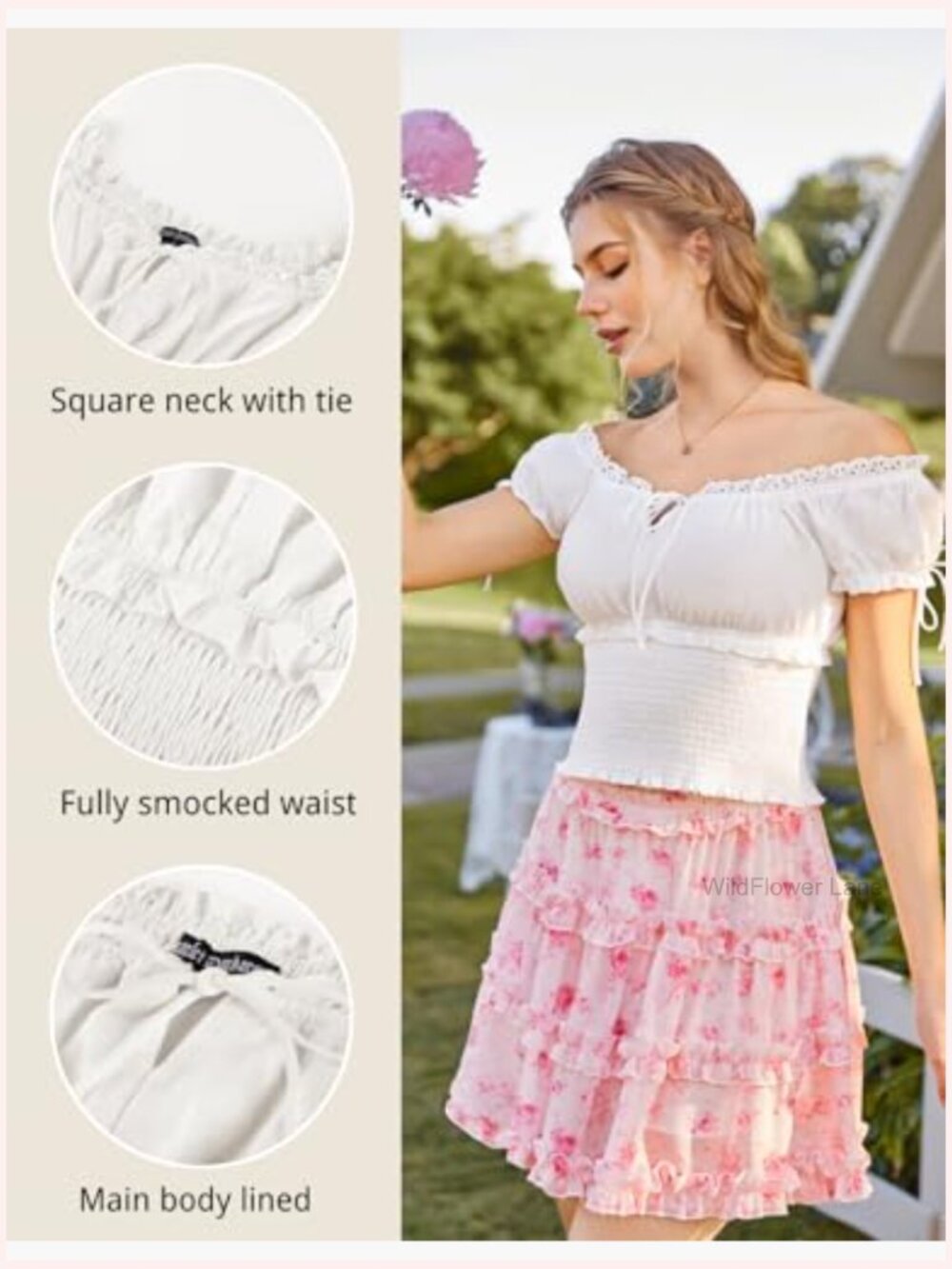 Square Neck Smocked Waist Peasant Blouse Short Sleeve - Picture 3 of 7